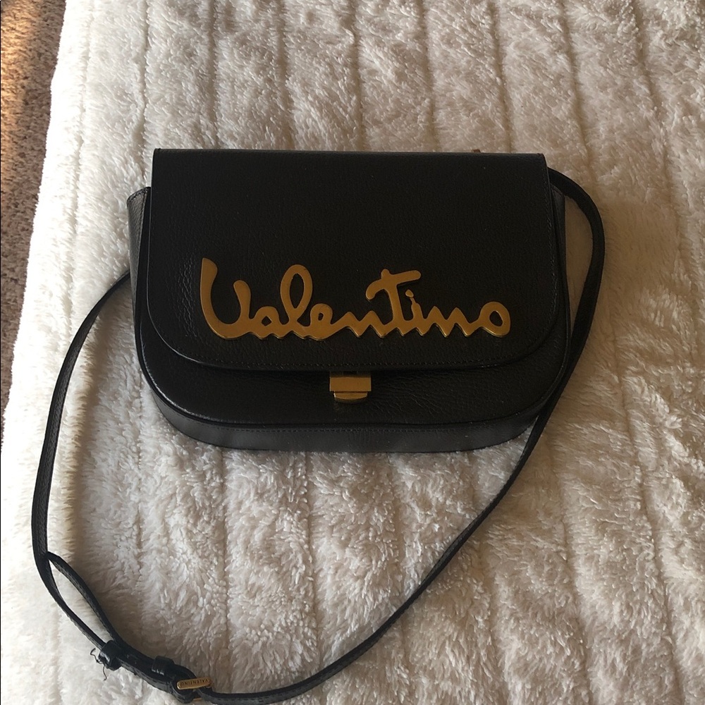 Valentino by Mario Valentino Black and Gold Logo Shoulder Bag